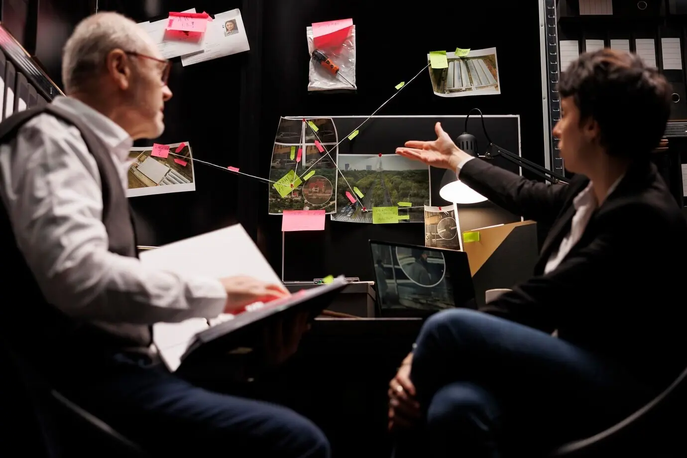 Ein leitender Privatdetektiv analysiert einen Vermisstenfall und bespricht Tatortbeweise mit einer Ermittlerin. Mitarbeitende der Kriminologieabteilung arbeiten spät in der Nacht im Archivraum.